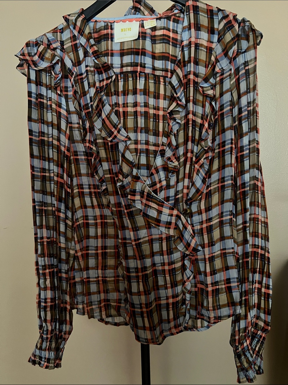 Maeve Plaid Ruffle Wrap Top in Blue, Brown & Coral